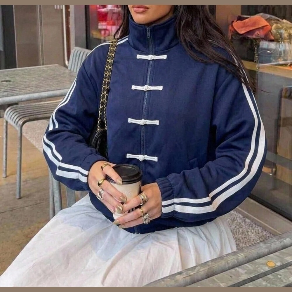 Navy Blue Contrast Stripe Frog Closure Zip Front Track Jacket